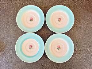 Vintage Turquoise Blue Pink Rose Dessert Plate Set of 4 Unmarked China 6" Floral